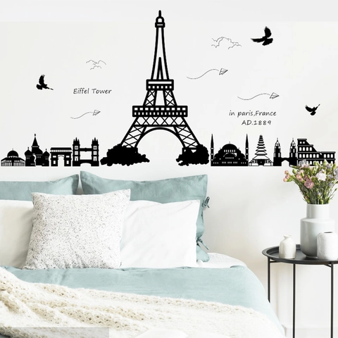 Moderne Minimalistische Schwarze Welt Wahrzeichen Gebäude Silhouette Wandaufkleber Abnehmbare PVC DIY Kunst Wandbild Für Heimtextilien