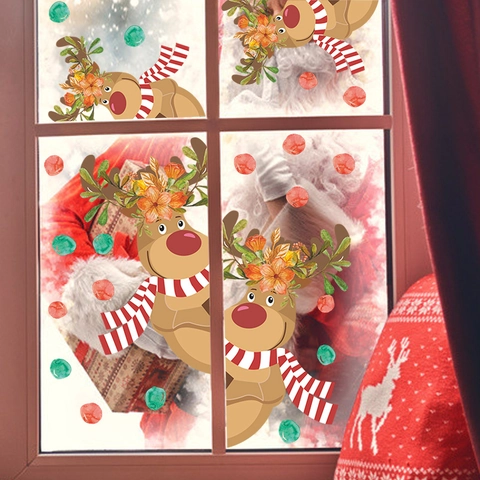 Cartoon Weihnachten Rentier Fensteraufkleber Wasserdicht PVC Wandtattoo Für Zuhause Geschäft Schaufenster Neujahr Deko