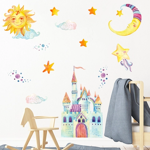 Watercolor Cartoon Castle Sun Moon Stars Wall Stickers For Kids Room Nursery Bedroom DIY Removable PVC Art Wall Decal