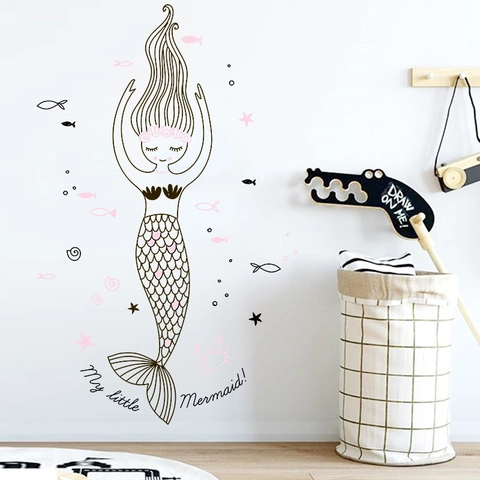 Cartoon Watercolor Mermaid Wall Sticker For Kids Room My Little Mermaid PVC Self Adhesive Wall Decal Nursery Bedroom Decor