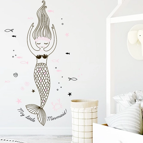 Cartoon Watercolor Mermaid Wall Sticker For Kids Room My Little Mermaid PVC Self Adhesive Wall Decal Nursery Bedroom Decor