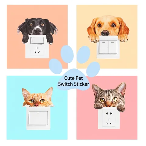 Bonito Adhesivo para Interruptor de Gato y Perro Realista de PVC Impermeable Calcomanía de Pared de Animales para Decoración de Panel de Interruptor de Luz