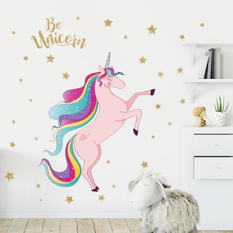 Cartoon Starlight Running Unicorn Wall Sticker For Kids Room Nursery PVC Rainbow Mane Star DIY Decal Home Decoration