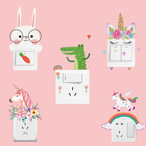 Nordic Cartoon Unicorn Rabbit Wall Stickers DIY Light Switch Socket Decorative Decals Waterproof PVC Animal Pattern Home Decor