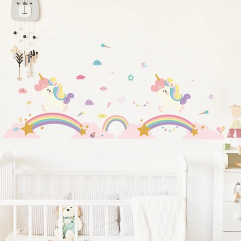 Stickers Muraux Licorne Arc-en-ciel Dessin Animé Nordique pour Chambre d'Enfant Décoration DIY PVC Amovible Nuages Étoiles Décalcomanies