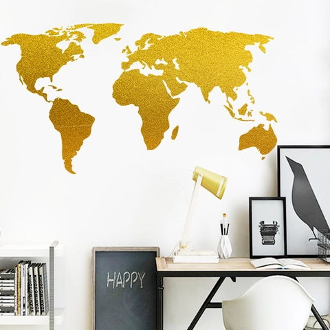 Gold Glitter World Map Wall Sticker PVC Seven Continents Self Adhesive Removable Decal For Living Room Office Home Decor