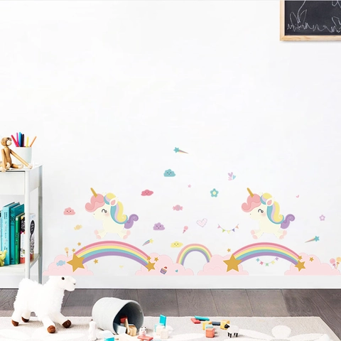 Stickers Muraux Licorne Arc-en-ciel Dessin Animé Nordique pour Chambre d'Enfant Décoration DIY PVC Amovible Nuages Étoiles Décalcomanies