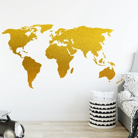 Gold Glitter World Map Wall Sticker PVC Seven Continents Self Adhesive Removable Decal For Living Room Office Home Decor