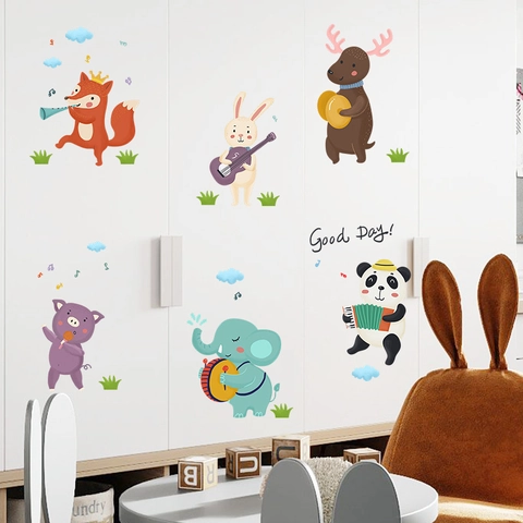 Pegatinas de Pared de Banda de Animales de Dibujos Animados Instrumentos Musicales PVC Decoración para Habitación Niños