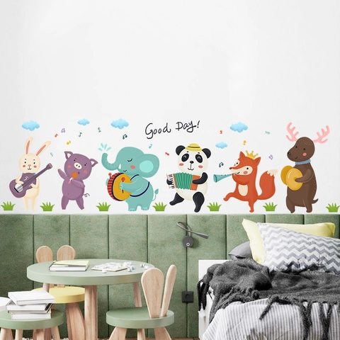 Pegatinas de Pared de Banda de Animales de Dibujos Animados Instrumentos Musicales PVC Decoración para Habitación Niños