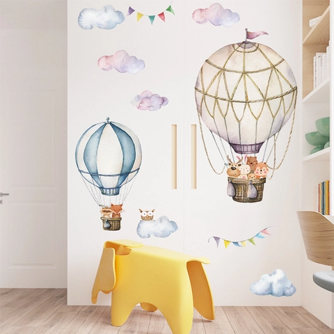 Nordic Watercolor Cartoon Animals Hot Air Balloon Wall Stickers For Kids Room Nursery Bedroom Home Decor PVC Removable Decals