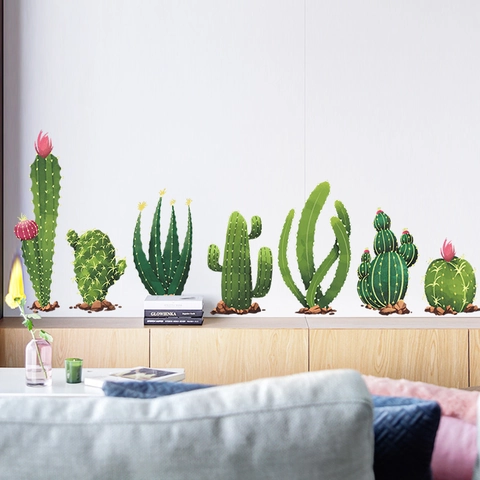 Adesivi Murali Cactus Tropicali Piante Dipinte a Mano Acquerello Decalcomanie PVC per Camera da Letto Soggiorno Asilo Arredamento
