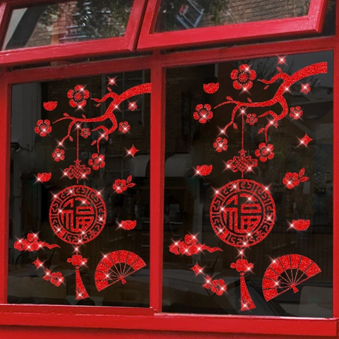 Traditionelle Chinesische Rote Glitzer Fensteraufkleber Pflaumenblüte Fu Charakter Chinesischer Knoten Wandtattoo Für Festliche Deko
