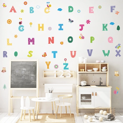 Cartoon 26 English Alphabet Wall Stickers For Kids Room Nursery PVC Colorful Letter Animals DIY Educational Wall Decal