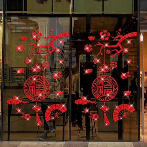 Traditionelle Chinesische Rote Glitzer Fensteraufkleber Pflaumenblüte Fu Charakter Chinesischer Knoten Wandtattoo Für Festliche Deko