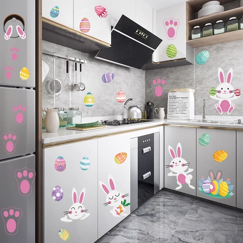 Cartoon Easter Wall Stickers PVC Rabbit Colorful Eggs Footprints Decorative Decals For Fridge Wall Window Home Decor
