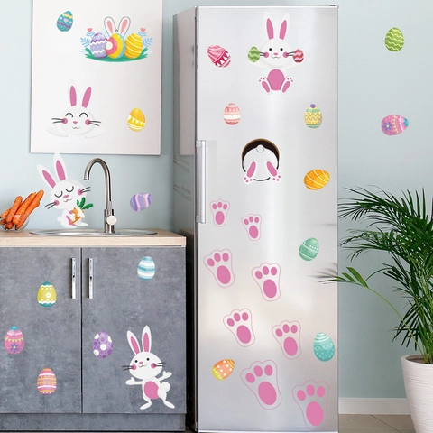 Cartoon Easter Wall Stickers PVC Rabbit Colorful Eggs Footprints Decorative Decals For Fridge Wall Window Home Decor