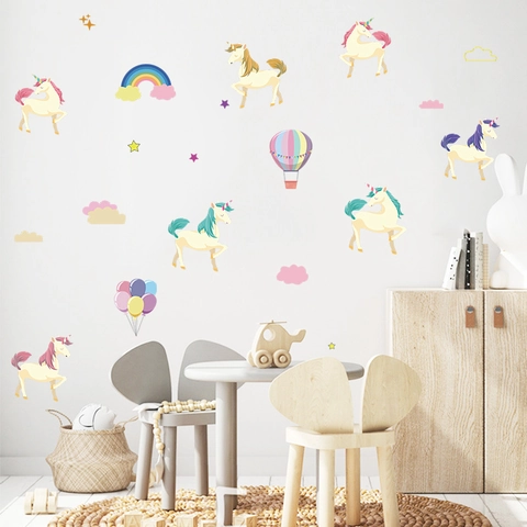 Stickers Muraux Licorne Arc-en-ciel Aquarelle en PVC Décalcomanies Amovibles pour Chambre d'Enfant Crèche Maison
