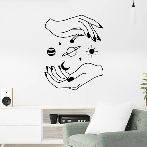 Adesivo da Parete Minimalista Nero e Bianco Mani Universo Creativo Pianeti Luna Stelle PVC Decalcomania da Muro Rimovibile