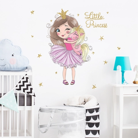 Pegatina de Pared de PVC de Niña de Dibujos Animados y Unicornio Rosa Tema de Princesa Calcomanía Autoadhesiva Decoración