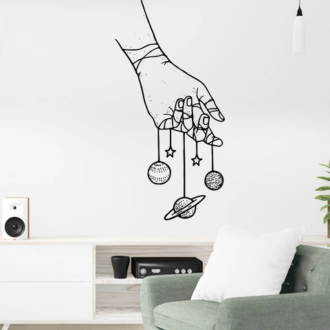 Modern Minimalistisch PVC Hand Hält Planeten Wandtattoo Surrealistische Linienkunst Schwarz Wandaufkleber Für Wohnzimmer Schlafzimmer