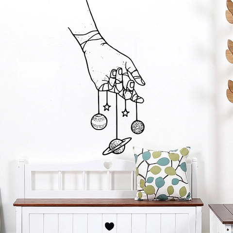 Modern Minimalistisch PVC Hand Hält Planeten Wandtattoo Surrealistische Linienkunst Schwarz Wandaufkleber Für Wohnzimmer Schlafzimmer