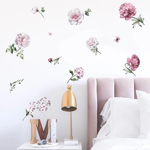 Aquarell Pfingstrose Blume Wandtattoo DIY Abnehmbare PVC Schmetterling Blumenkunst Aufkleber Für Schlafzimmer Wohnkultur