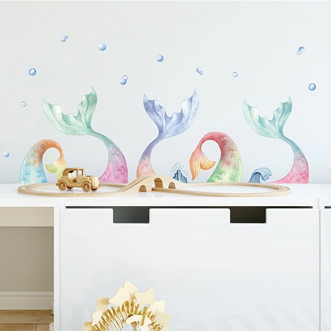 Adesivi Murali Coda di Sirena con Sfumatura Artistica Acquerello PVC Removibile Onde del Mare Bolla Decalcomania per Bambini