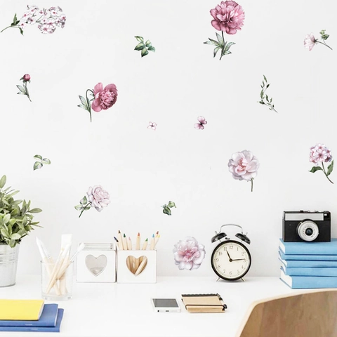 Aquarell Pfingstrose Blume Wandtattoo DIY Abnehmbare PVC Schmetterling Blumenkunst Aufkleber Für Schlafzimmer Wohnkultur