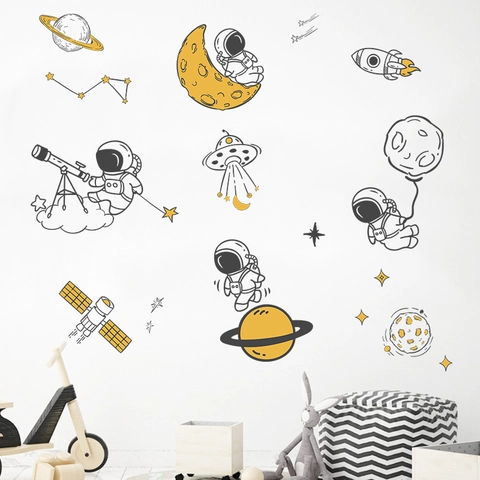 Cartoon Space Astronaut Planet Wall Stickers For Kids Room Decor Rocket Telescope PVC Removable Nursery Bedroom Wall Decals