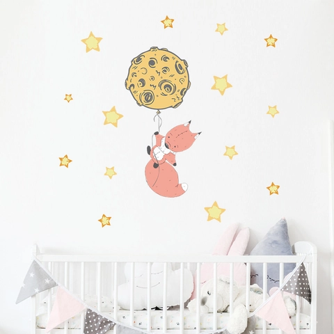 Cartoon Fox Moon Stars Wall Stickers For Kids Nursery Room Decor Self-Adhesive PVC Decorative Wall Decals Home Art Mural