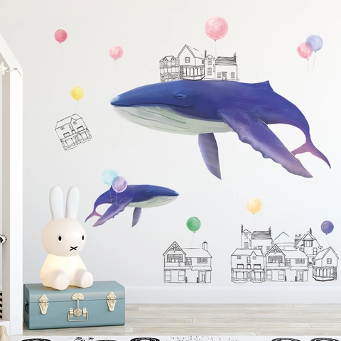 Stickers Muraux Baleine Violette Aquarelle Ballon Maison Artistique PVC Amovible Art Mural pour Chambre d'Enfant Décoration