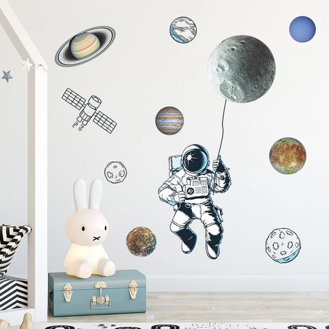 Space Astronaut Moon Planets Wall Stickers PVC Self-Adhesive Removable Universe Theme Printed Mural For Kids Room Bedroom Decor