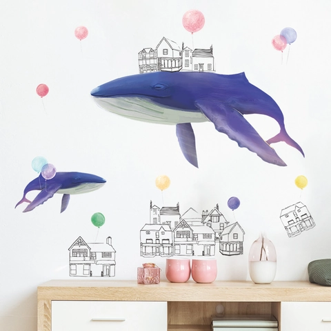 Stickers Muraux Baleine Violette Aquarelle Ballon Maison Artistique PVC Amovible Art Mural pour Chambre d'Enfant Décoration