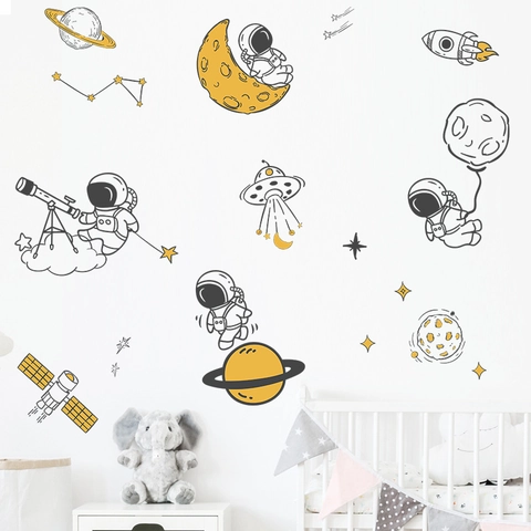 Cartoon Space Astronaut Planet Wall Stickers For Kids Room Decor Rocket Telescope PVC Removable Nursery Bedroom Wall Decals