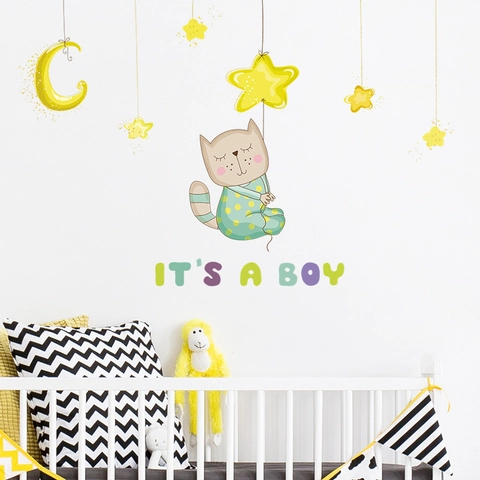 Adesivi Murali Gatto Cartone Animato Stelle Luna It's A Boy PVC Removibile Decorazione Vivaio Camera dei Bambini Stanza del Neonato