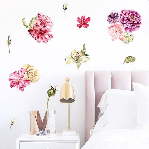 Watercolor Peony Lily Flower Wall Sticker PVC Removable Floral Mural Decal For Bedroom Living Room DIY Artistic Home Decor
