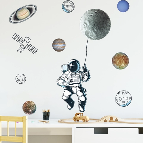 Space Astronaut Moon Planets Wall Stickers PVC Self-Adhesive Removable Universe Theme Printed Mural For Kids Room Bedroom Decor