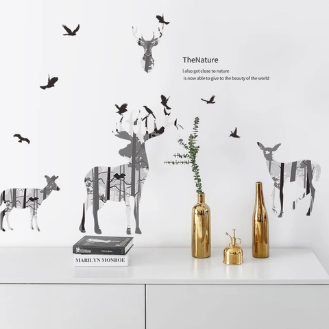 Nordic Forest Deer Silhouette Wall Sticker PVC Self Adhesive Removable Mural For Living Room Bedroom Home Wall Decoration