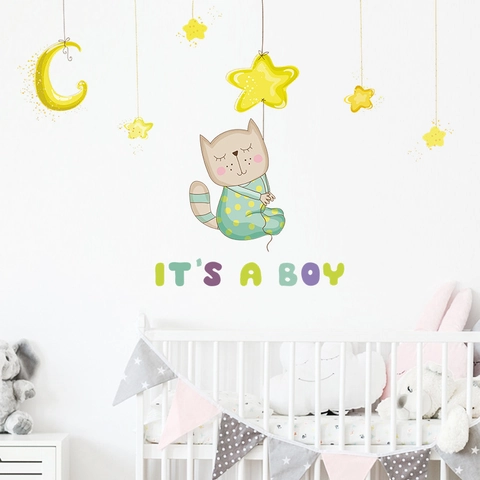 Adesivi Murali Gatto Cartone Animato Stelle Luna It's A Boy PVC Removibile Decorazione Vivaio Camera dei Bambini Stanza del Neonato