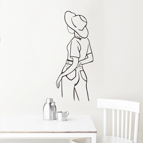 Pegatina de Pared Minimalista Espalda de Dama Elegante con Sombrero Arte de Líneas PVC DIY Calcomanía Decorativa para Dormitorio Sala
