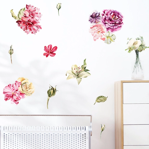 Watercolor Peony Lily Flower Wall Sticker PVC Removable Floral Mural Decal For Bedroom Living Room DIY Artistic Home Decor