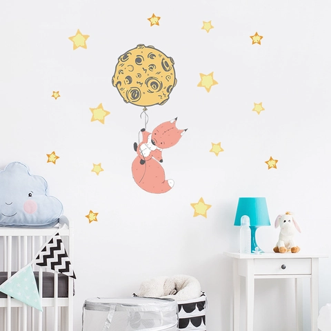 Cartoon Fox Moon Stars Wall Stickers For Kids Nursery Room Decor Self-Adhesive PVC Decorative Wall Decals Home Art Mural