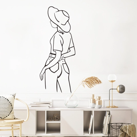 Pegatina de Pared Minimalista Espalda de Dama Elegante con Sombrero Arte de Líneas PVC DIY Calcomanía Decorativa para Dormitorio Sala