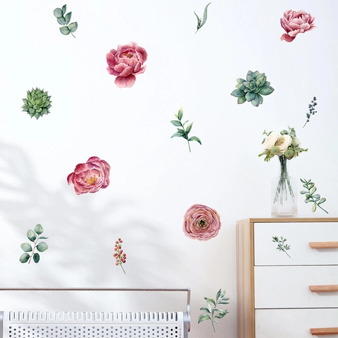 Aquarel Pioenroos Bloem Vetplanten PVC Muurstickers Noordse Stijl Zelfklevende Decoraties Voor Slaapkamer Muurdecoratie