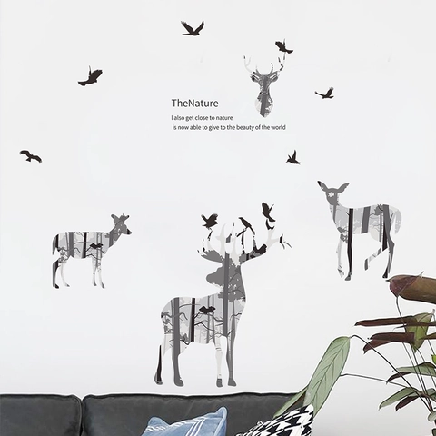 Nordic Forest Deer Silhouette Wall Sticker PVC Self Adhesive Removable Mural For Living Room Bedroom Home Wall Decoration