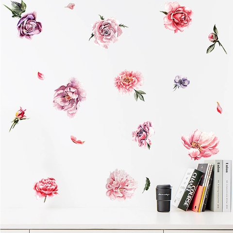 Watercolor Floral Wall Sticker PVC Peony Rose Flower Wall Decals Artistic Removable Home Decor For Bedroom Living Room