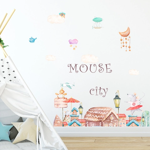 Aquarell Maus Stadt Wandtattoo PVC Cartoon Tier Haus Wolken Flugzeug Dekorative Abnehmbare Wandaufkleber Für Kinderzimmer