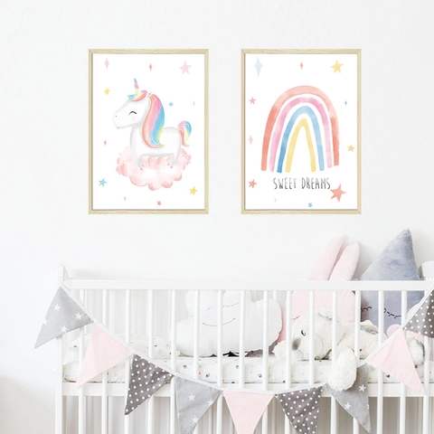 Cartoon Unicorn Rainbow Wall Stickers PVC Sweet Dreams Decals For Kids Bedroom Nursery Room Wall Decor