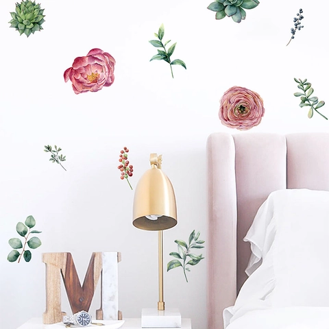 Aquarel Pioenroos Bloem Vetplanten PVC Muurstickers Noordse Stijl Zelfklevende Decoraties Voor Slaapkamer Muurdecoratie